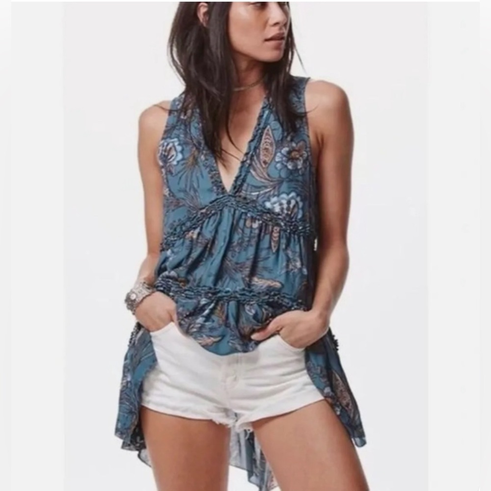 Free People Hummingbird Print Sleeveless Tunic, Turquoise, Size Small